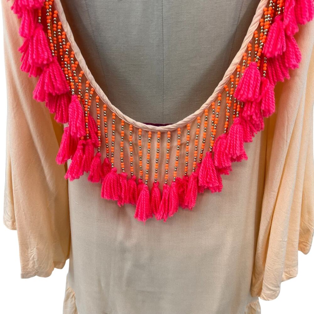 Sundress Indiana Dress Tunic Beach Tasseled Beaded Peach Neon‎ Pink Size XS - Picture 10 of 13